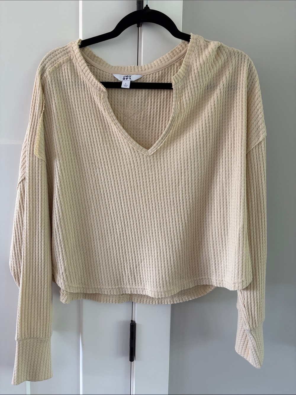 JoyLab Cream Waffle-Knit V-Neck Long Sleeve Top